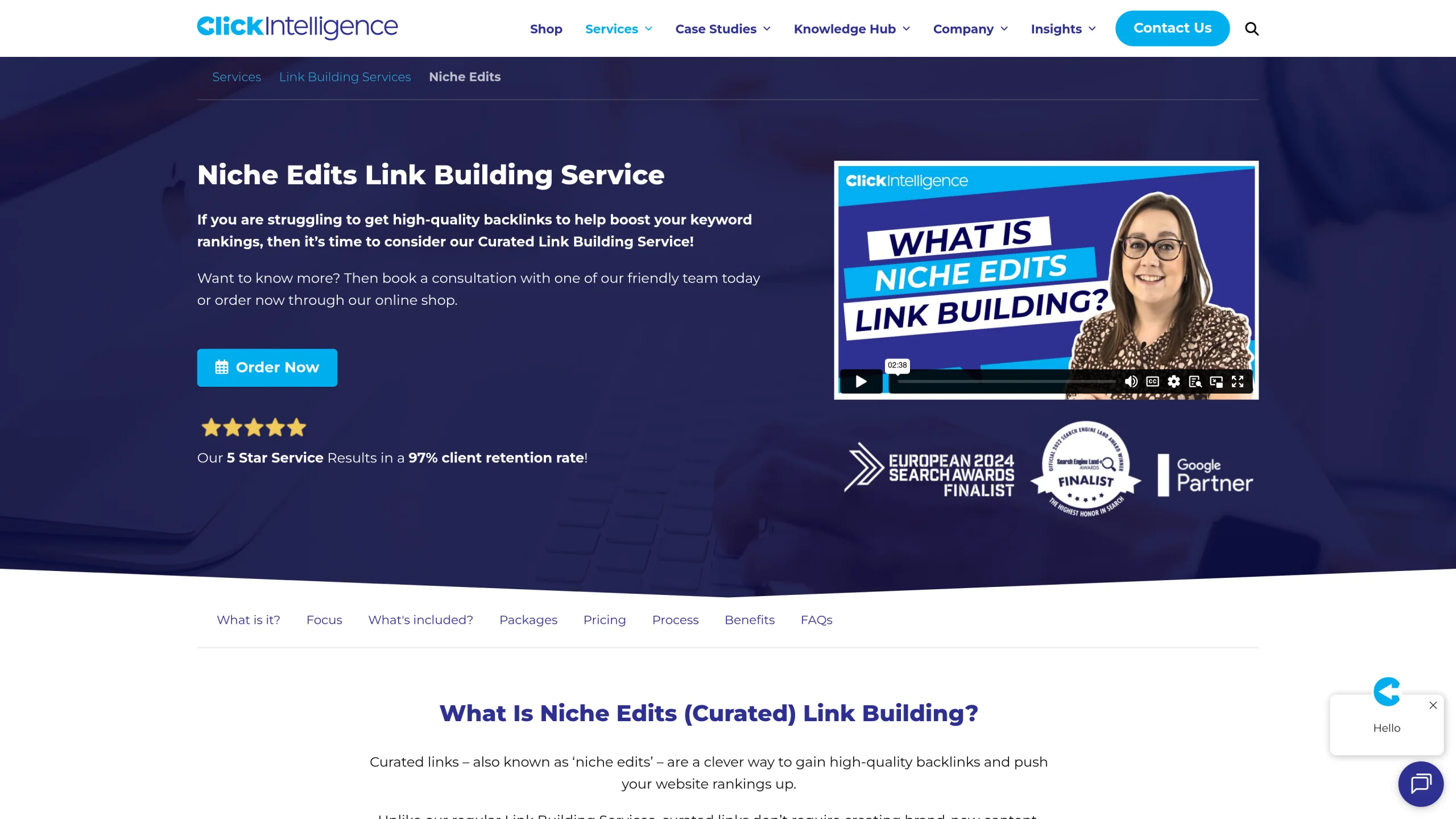 Screenshot of https://www.clickintelligence.com/link-building/niche-edit-link-building/services/