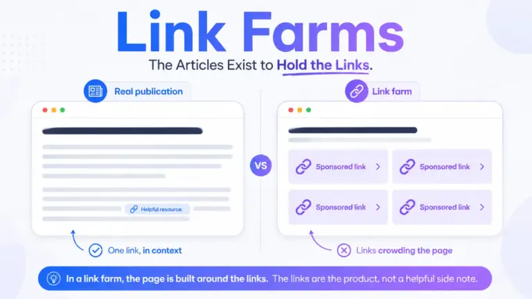 Two browser cards contrasting an article with one contextual link against one crowded with paid links