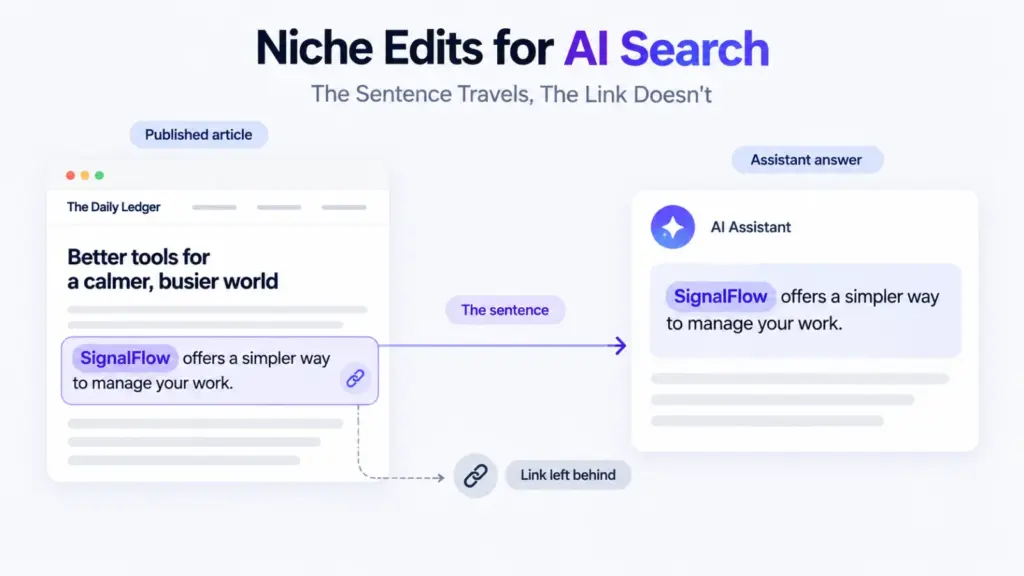 A highlighted sentence carrying a brand name into an AI answer while the link stays behind