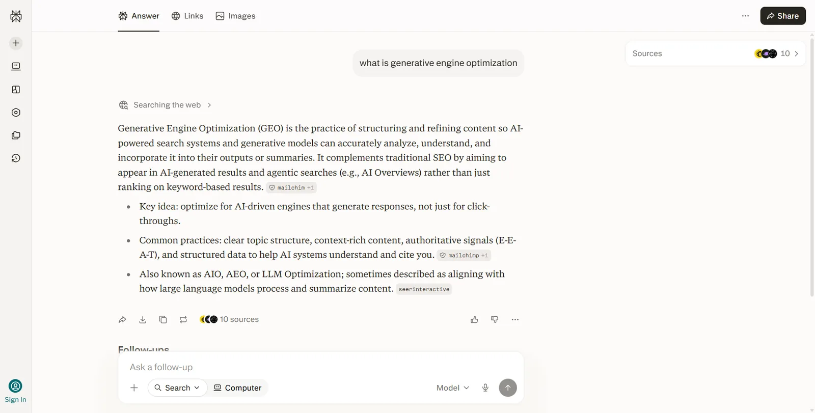 A generative answer engine responding in prose with numbered source citations rather than a ranked list of links