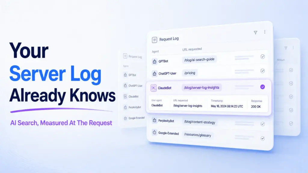 Editorial graphic showing server log request rows with AI agent name labels