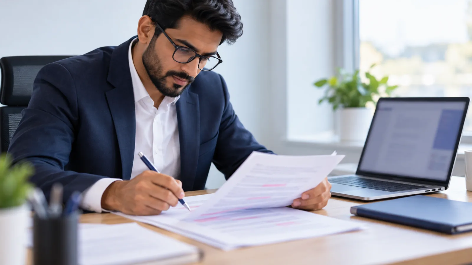 A partner at a desk marking up a printed draft with a pen, with a laptop and a closed folder beside them, approving wording before it goes out