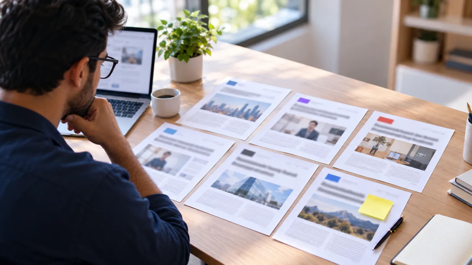 A strategist at a desk with printed pages from several publications spread in a loose grid, one page flagged with a sticky note, checking where a client's coverage has landed