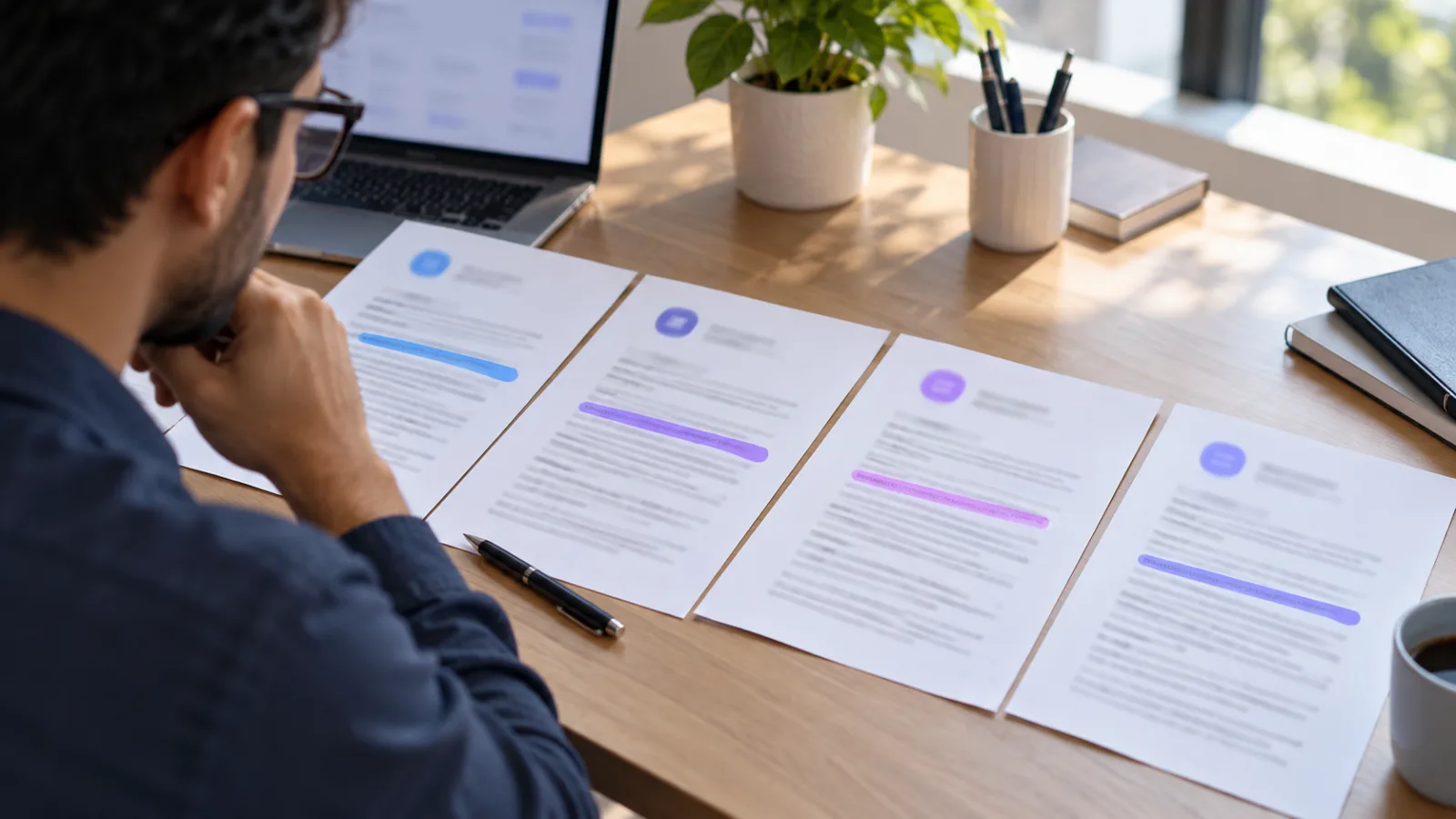 A strategist comparing four printed answer sheets side by side, one highlighted line on each, to see where a brand is named across different assistants
