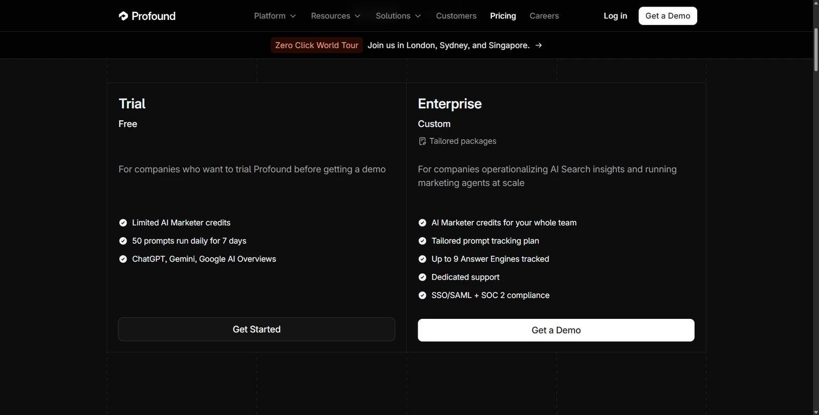 Profound pricing page showing a free Trial plan and a Custom Enterprise plan with no prices