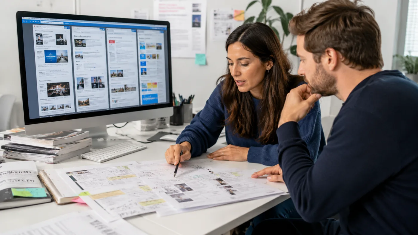 Two colleagues comparing published article sources on screen while marking up a printed page layout