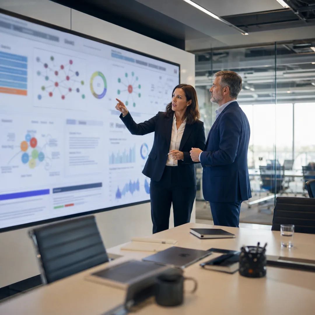Two senior executives reviewing a category citation and share-of-answer dashboard on a boardroom wall display