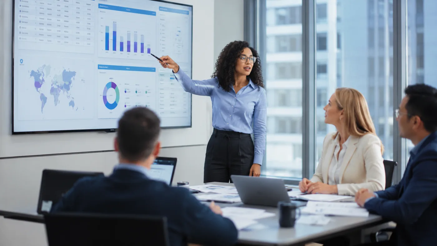 An analyst presenting regional coverage and share-of-answer charts to executives in a boardroom