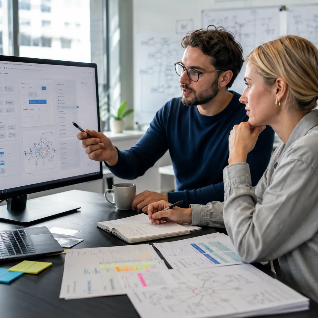 Two technical buyers reviewing product documentation on screen while comparing printed architecture diagrams