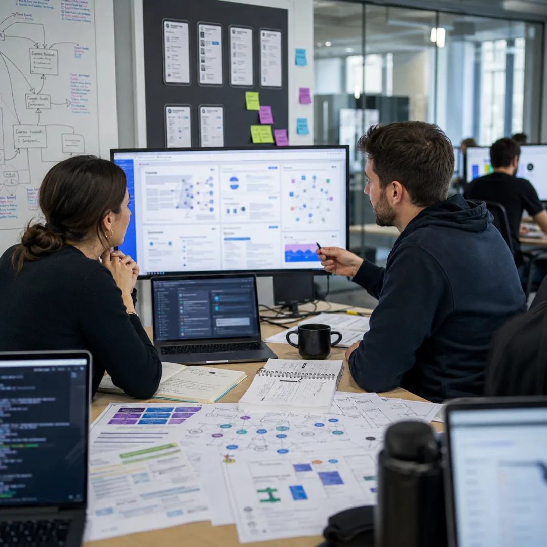 An engineering-led team reviewing a citation dashboard on a large monitor, architecture diagrams and system flows pinned on the wall behind them