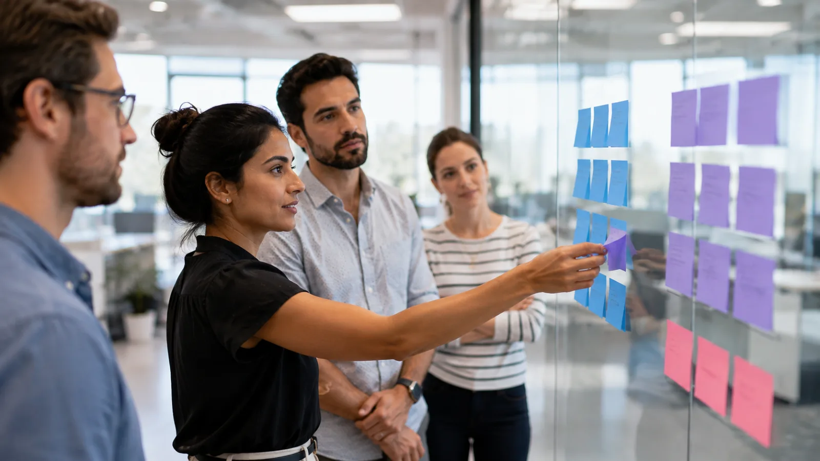 A marketing team mapping buying prompts into clusters on a glass wall