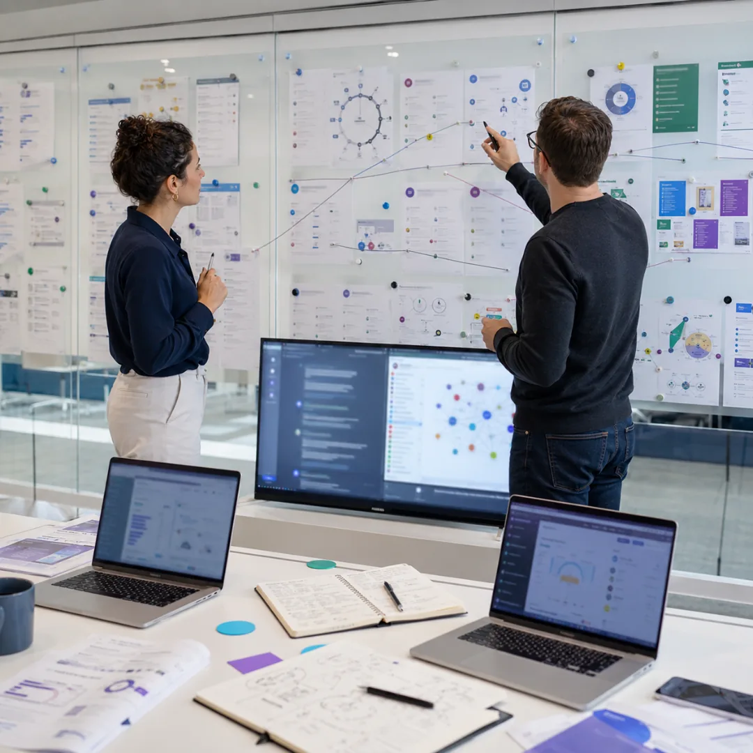 A SaaS team reviewing a wall of competitor and coverage research, working out which sources their category actually gets cited in