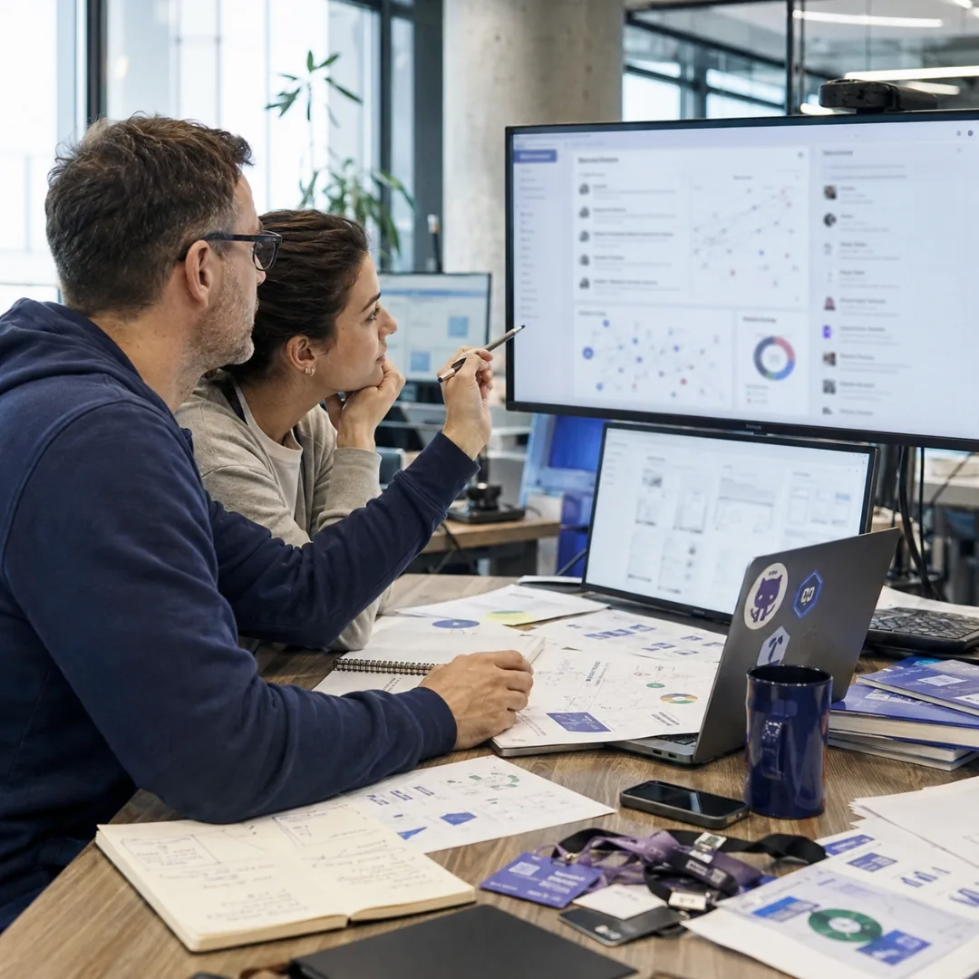 Two software marketers studying a citation and mentions dashboard on a wide monitor, product one-pagers and notes across the desk