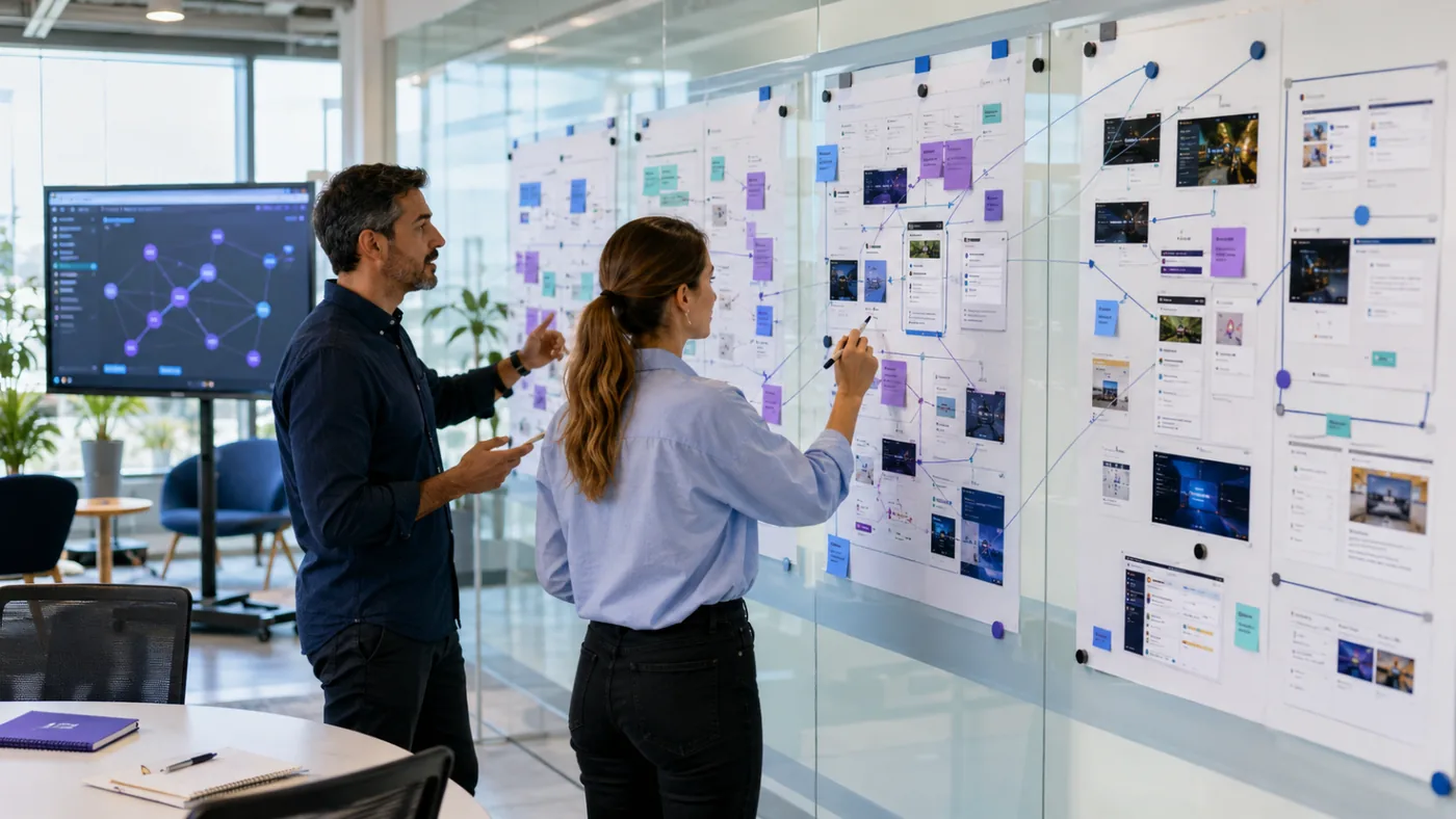 Two colleagues mapping a buyer journey across a glass wall of linked screens and sticky notes