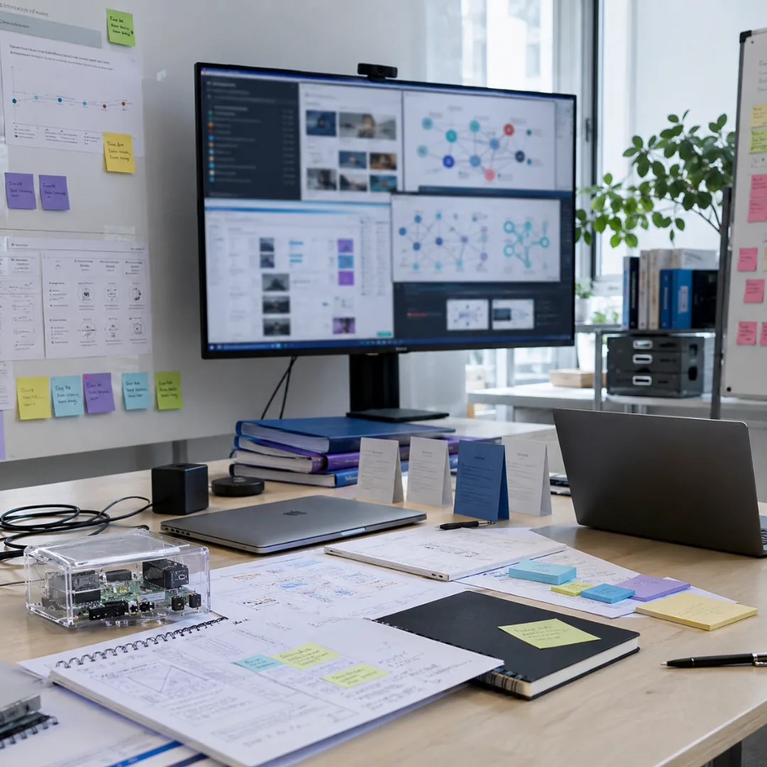 A small startup workspace with a research dashboard on screen, hardware prototype and hand-annotated planning notes across the desk