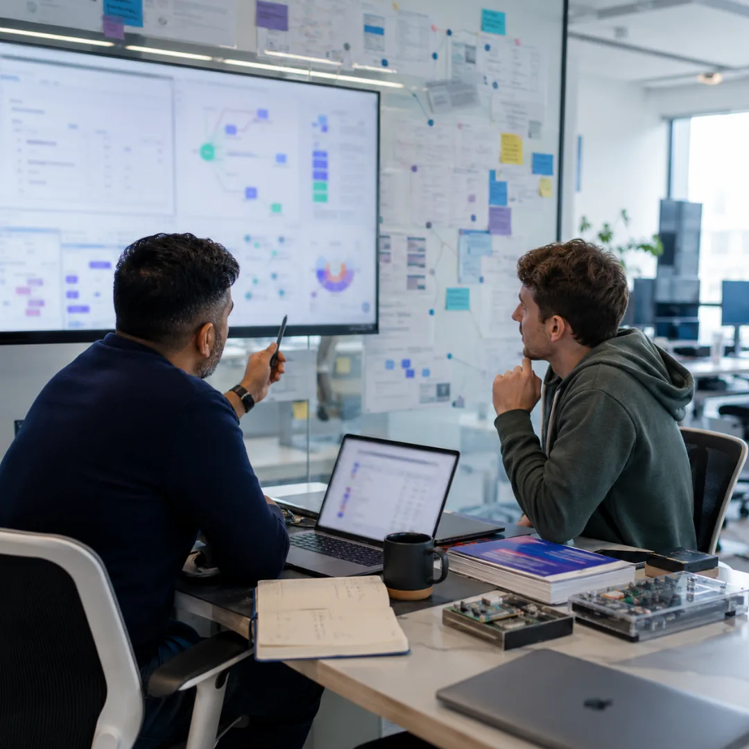 Two early-stage founders reviewing a category research board and dashboard together in a small office